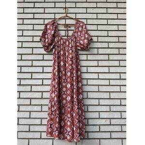 Knox Rose Rust Purple Ikat Puff Sleeve Tiered Midi Dress Pockets Tie Back Size L